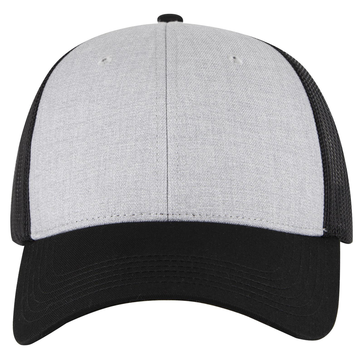 Front View of 037403 - Black/Heather Gray/Black OTTO CAP 6 Panel Low Profile Mesh Back Trucker Hat
