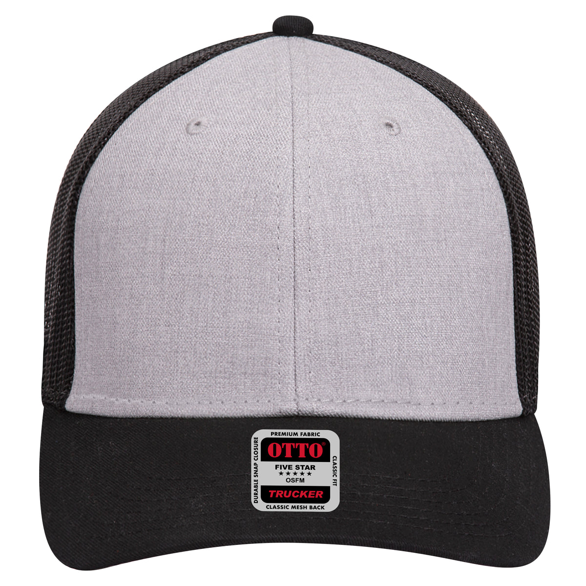 Front View of 037403 - Black/Heather Gray/Black OTTO CAP 6 Panel Low Profile Mesh Back Trucker Hat