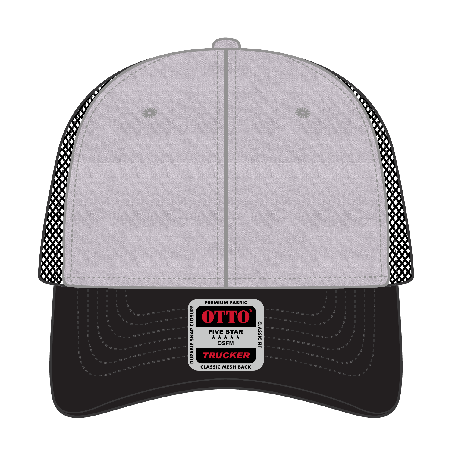 Front View of 037403B - Blk/Ht Gry/Blk OTTO CAP 6 Panel Low Profile Mesh Back Trucker Hat