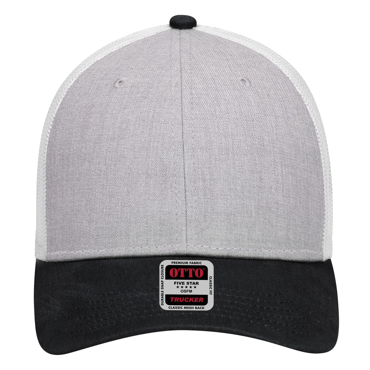 Front View of 037416 - Black/HeatherGray/White OTTO CAP 6 Panel Low Profile Mesh Back Trucker Hat