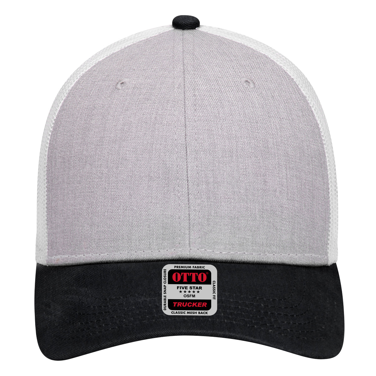 Front View of 037416 - Black/HeatherGray/White OTTO CAP 6 Panel Low Profile Mesh Back Trucker Hat