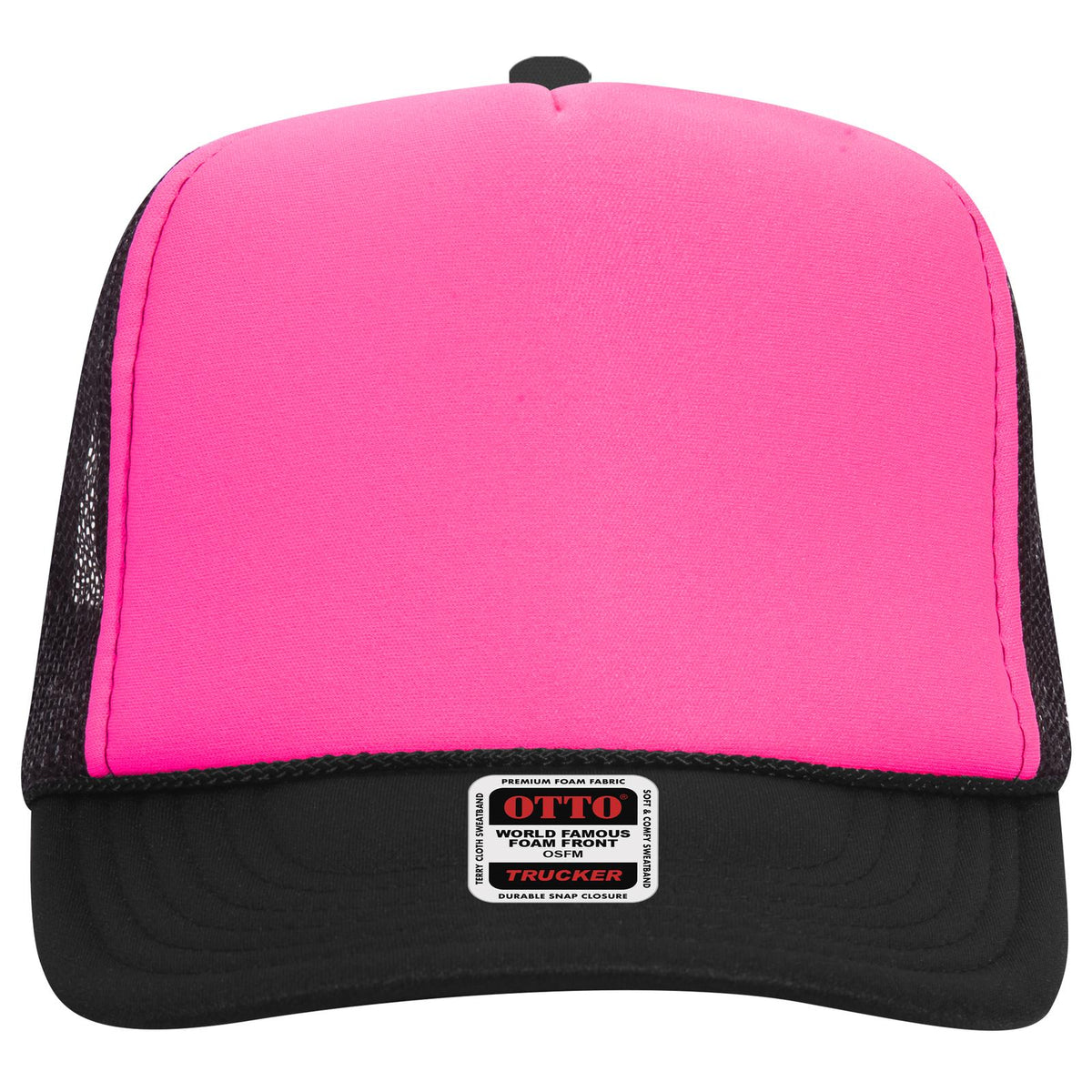 Front View of 038903 - Blk/N.Pnk/Blk OTTO CAP 5 Panel High Crown Mesh Back Trucker Hat