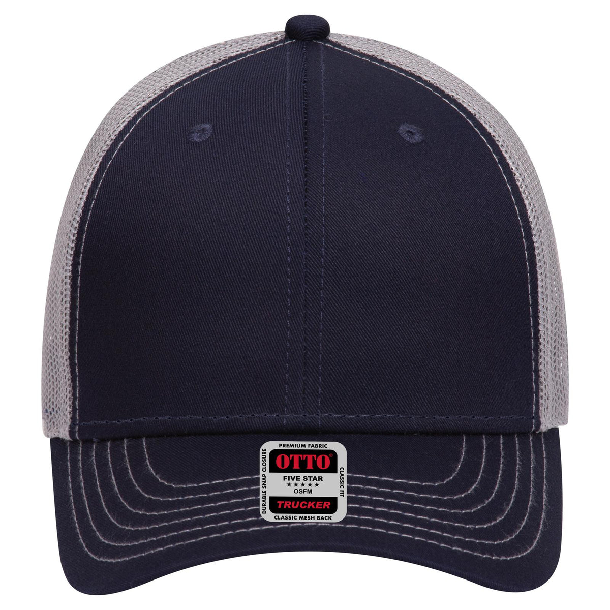 Front View of 040414 - Nvy/Nvy/Gry OTTO CAP 6 Panel Low Profile Mesh Back Trucker Hat