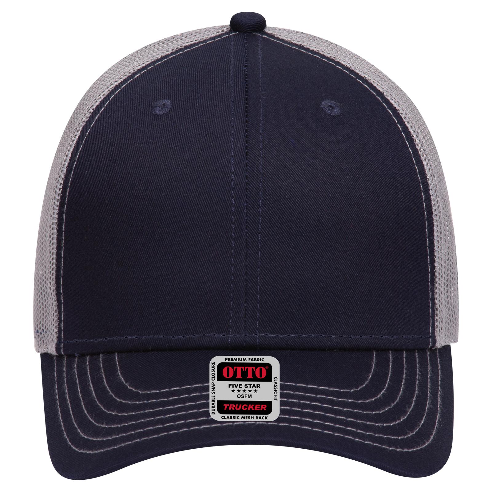 Front View of 040414 - Nvy/Nvy/Gry OTTO CAP 6 Panel Low Profile Mesh Back Trucker Hat