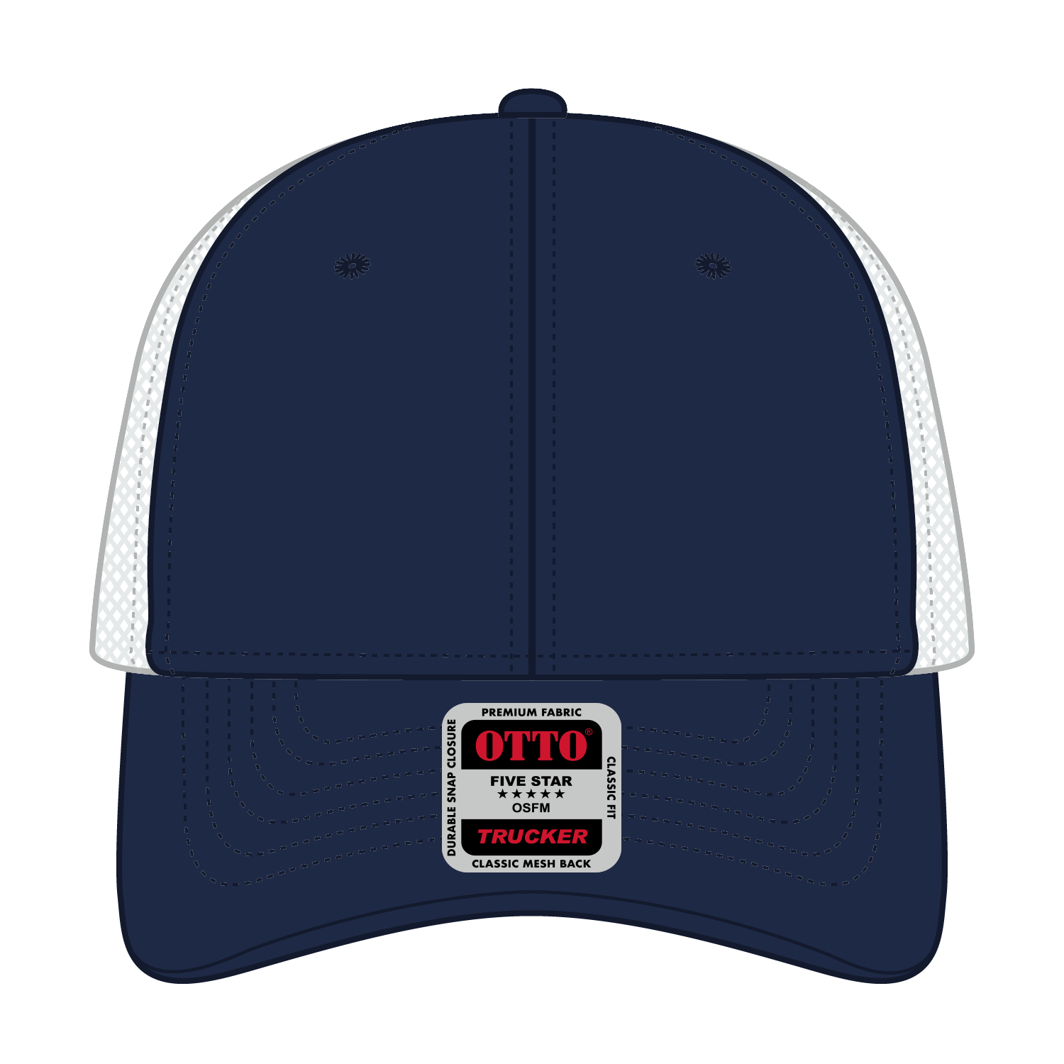 Front View of 040414 - Nvy/Nvy/Gry OTTO CAP 6 Panel Low Profile Mesh Back Trucker Hat