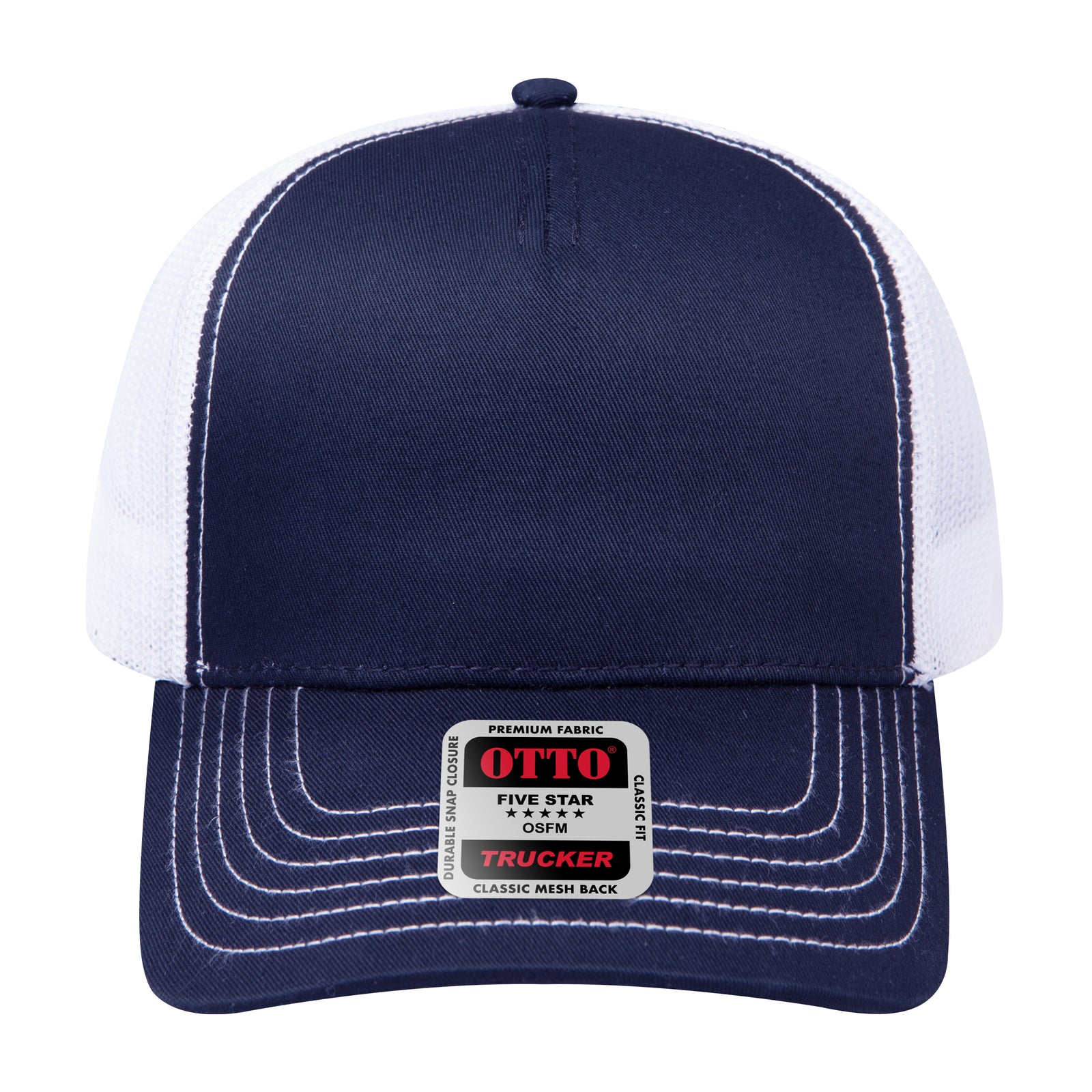 Front View of 040416 - Nvy/Nvy/Wht OTTO CAP 5 Panel Low Profile Mesh Back Trucker Hat