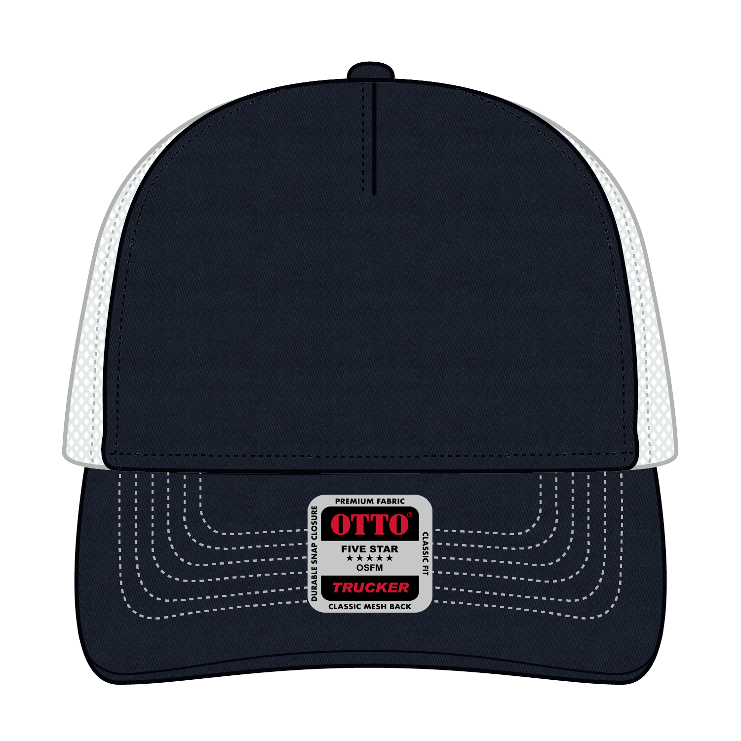 Front View of 040416 - Nvy/Nvy/Wht OTTO CAP 5 Panel Low Profile Mesh Back Trucker Hat
