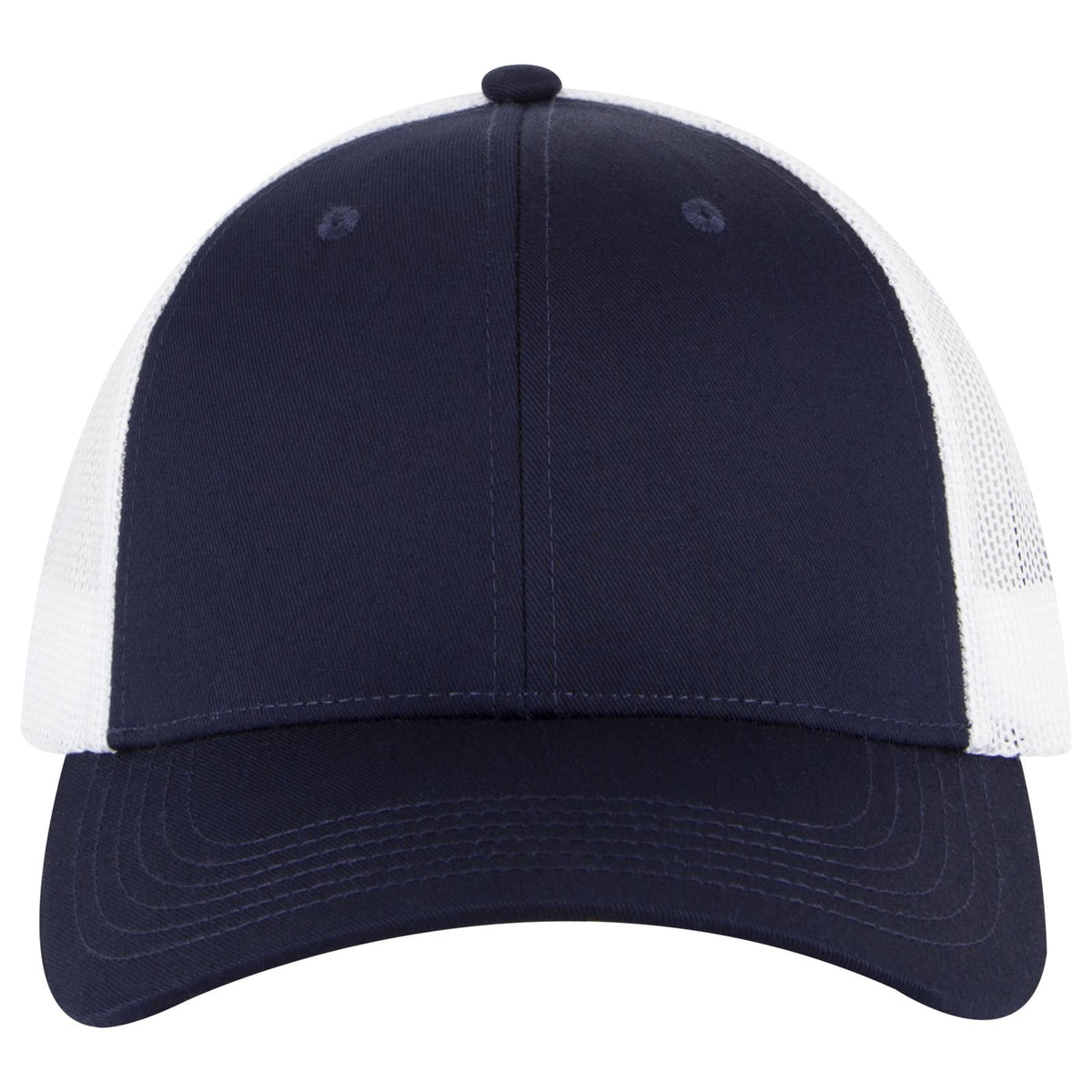 Front View of 040416 - Nvy/Nvy/Wht OTTO CAP 6 Panel Low Profile Mesh Back Trucker Hat