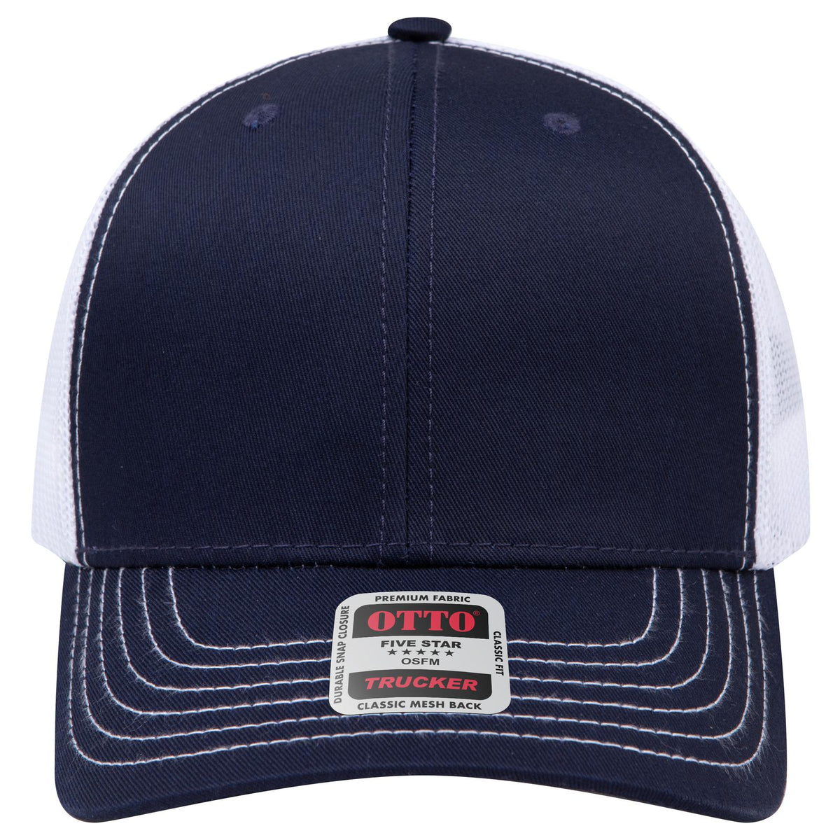 Front View of 040416 - Nvy/Nvy/Wht OTTO CAP 6 Panel Mid Profile Mesh Back Trucker Hat