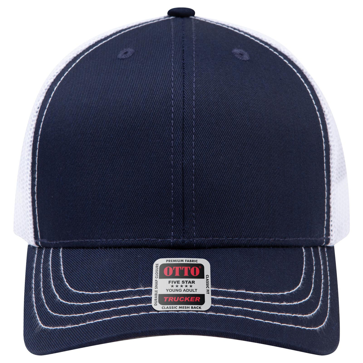 Front View of 040416 - Nvy/Nvy/Wht OTTO CAP 6 Panel Mid Profile Mesh Back Trucker Hat