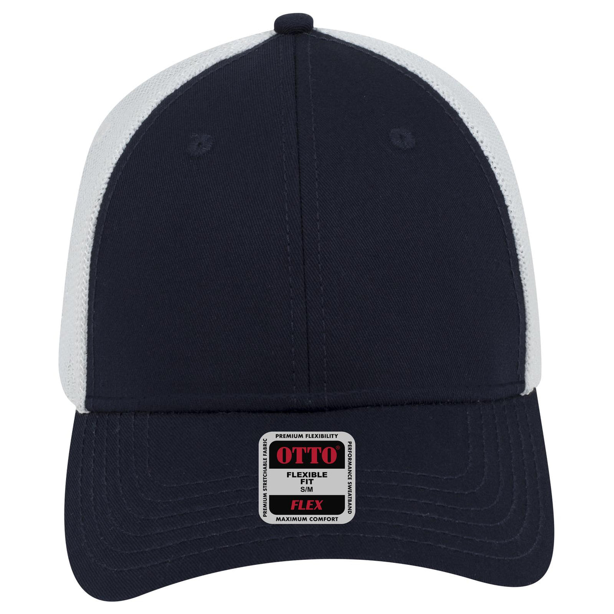 Front View of 040416 - Nvy/Nvy/Wht OTTO CAP "OTTO FLEX" Fitted 6 Panel Low Profile Mesh Back Trucker Hat