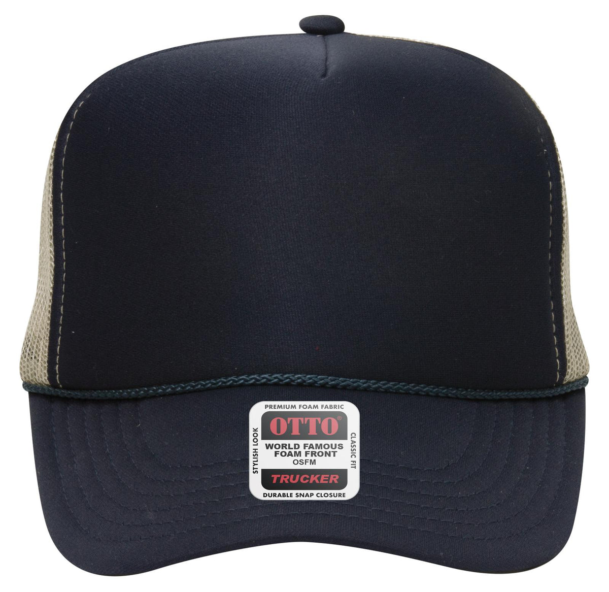 Front View of 040432 - Nvy/Nvy/Kha OTTO CAP 5 Panel High Crown Mesh Back Trucker Hat