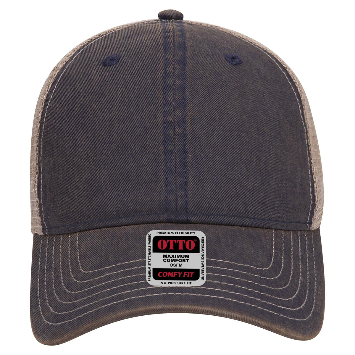 Front View of 040432 - Nvy/Nvy/Kha OTTO CAP 6 Panel Low Profile Mesh Back Trucker Dad Hat