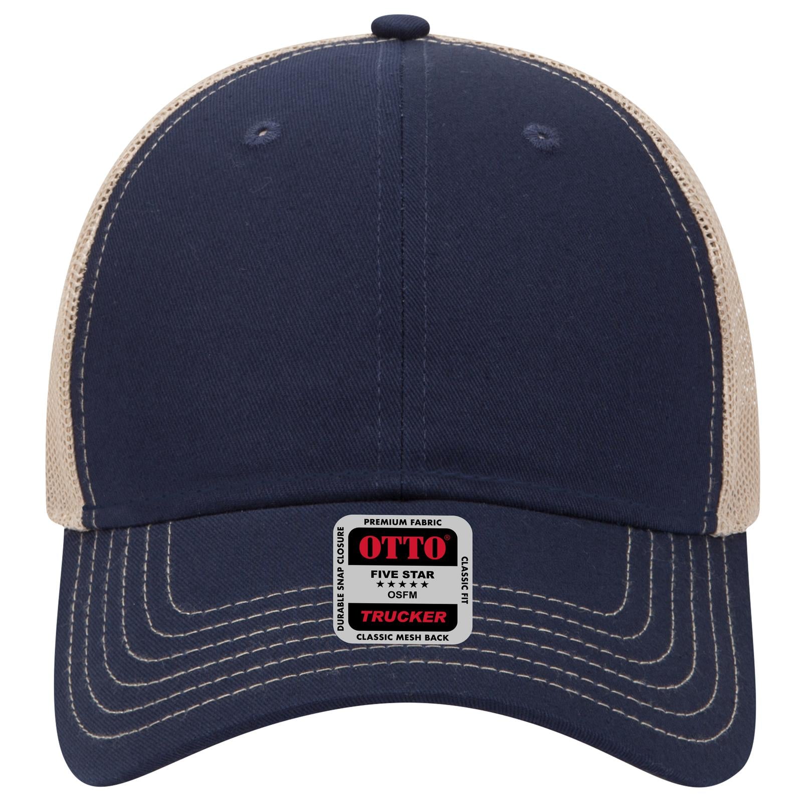 Front View of 040432 - Nvy/Nvy/Kha OTTO CAP 6 Panel Low Profile Mesh Back Trucker Hat