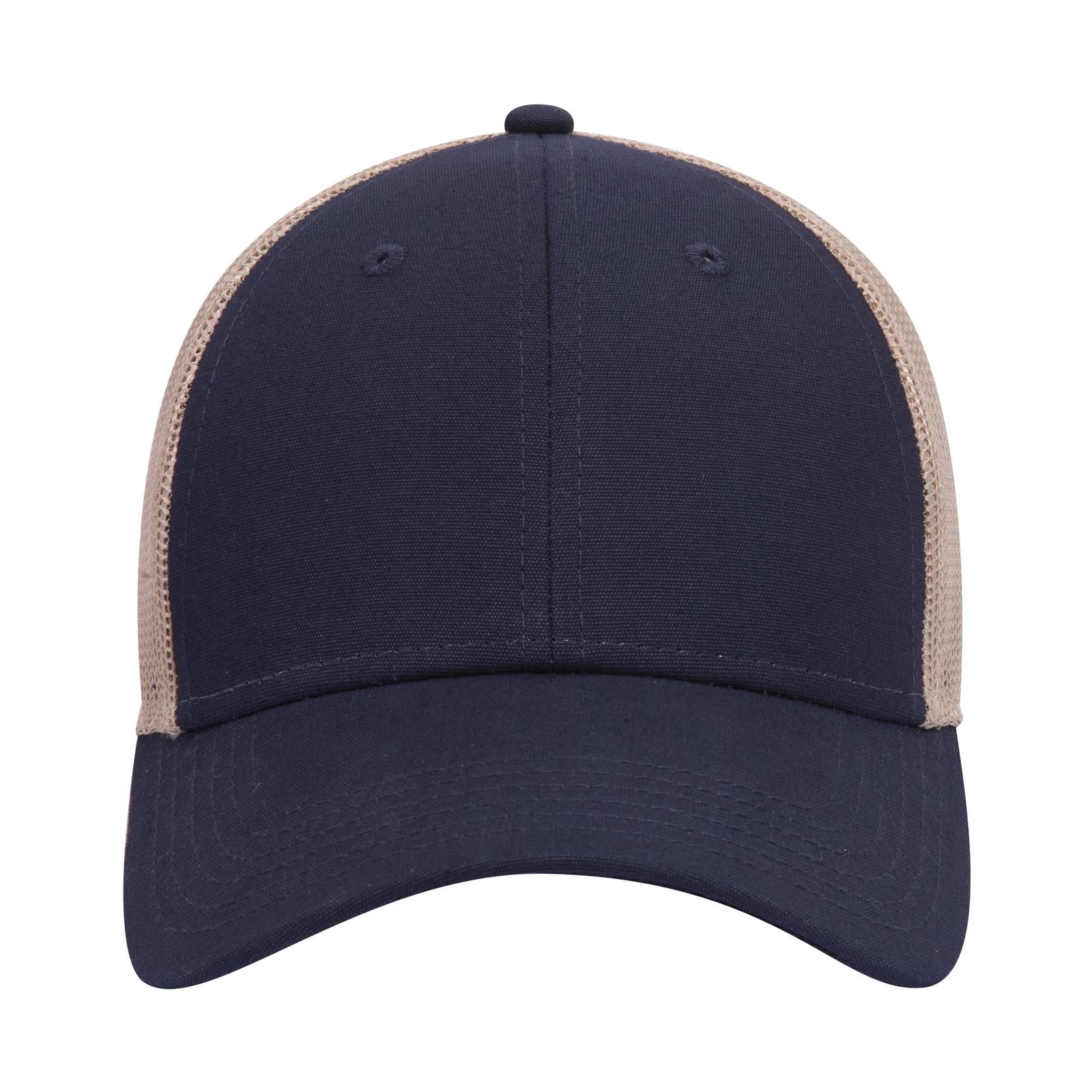 Front View of 040432 - Nvy/Nvy/Kha OTTO CAP 6 Panel Low Profile Mesh Back Trucker Hat
