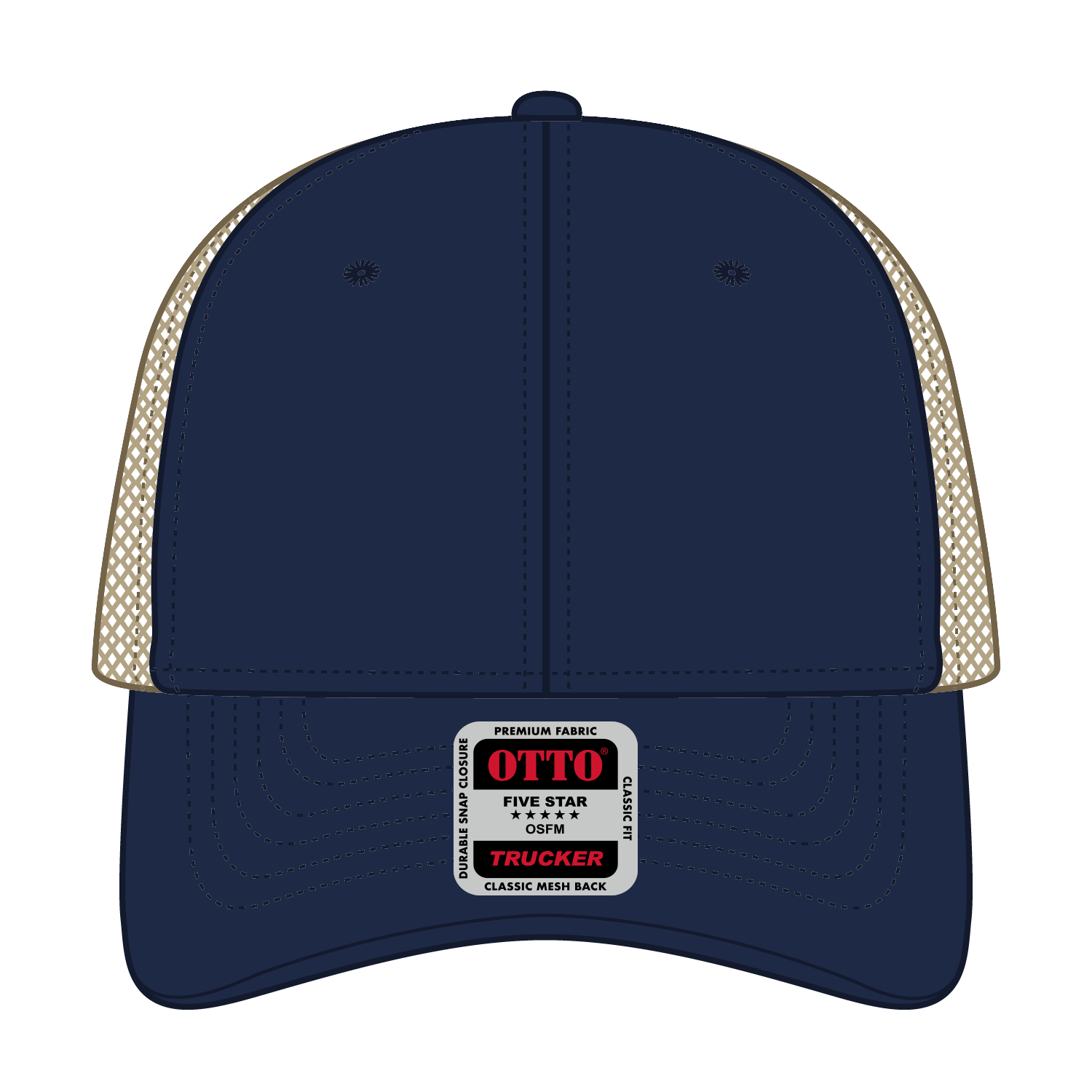 Front View of 040432 - Nvy/Nvy/Kha OTTO CAP 6 Panel Low Profile Mesh Back Trucker Hat
