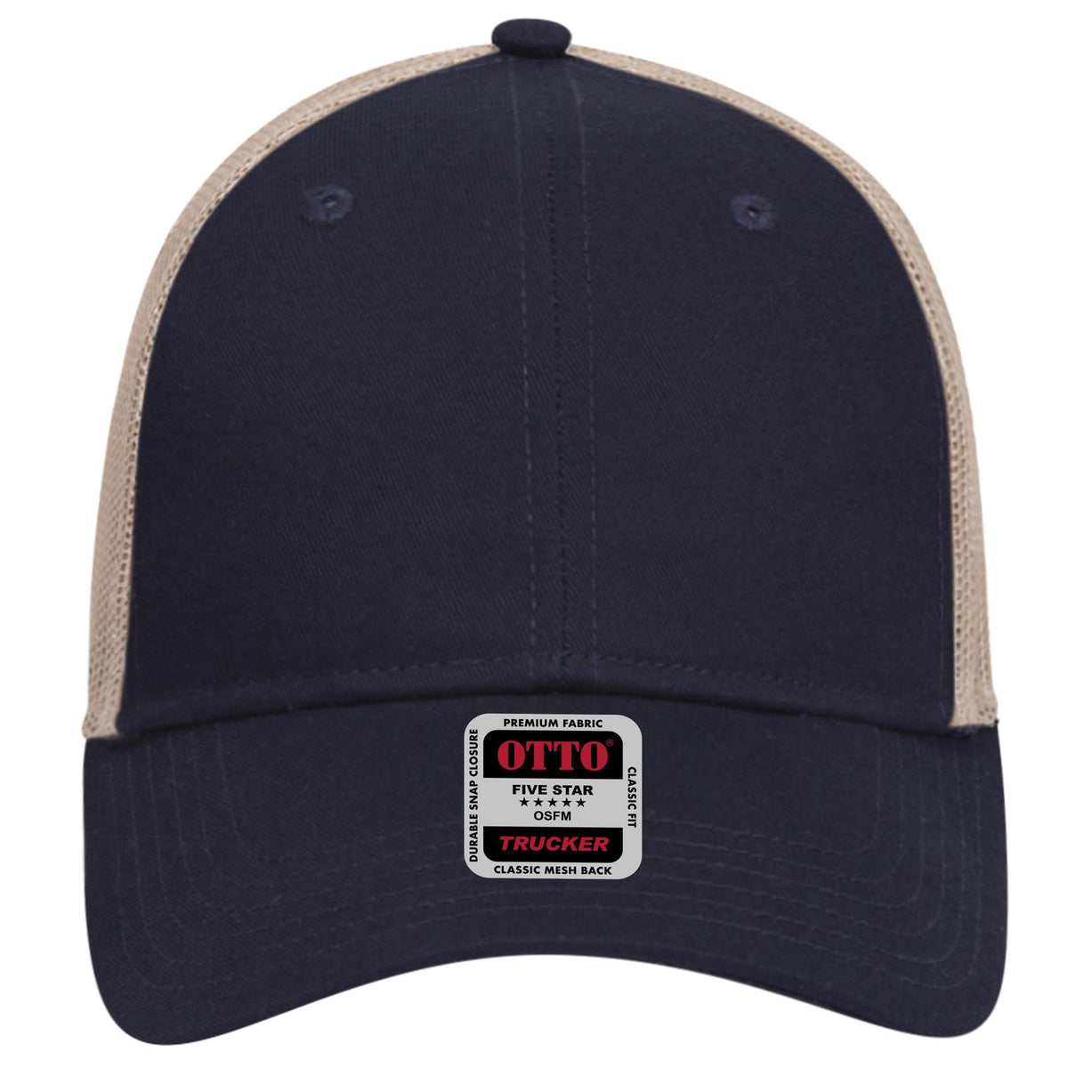Front View of 040432 - Nvy/Nvy/Kha OTTO CAP 6 Panel Low Profile Mesh Back Trucker Hat