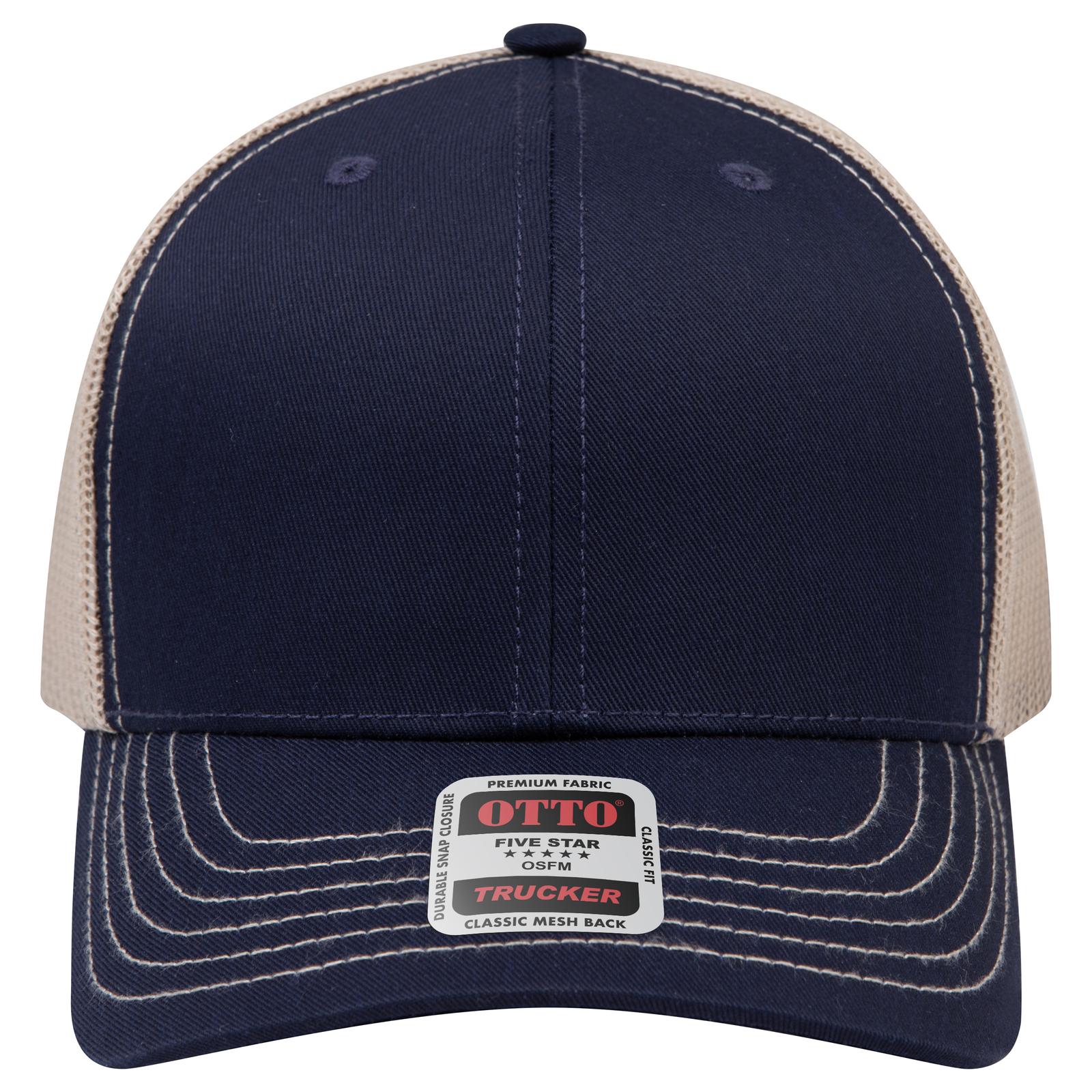 Right View of 040432 - Nvy/Nvy/Kha OTTO CAP 6 Panel Mid Profile Mesh Back Trucker Hat