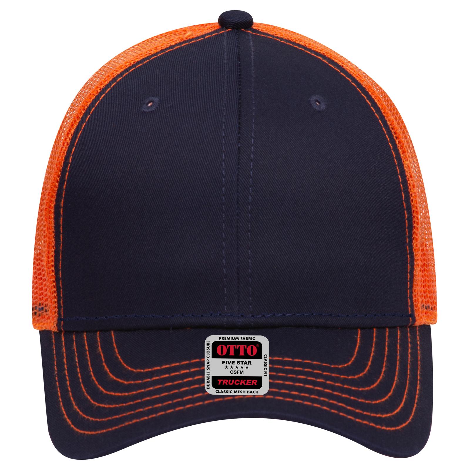 Front View of 040462 - Nvy/Nvy/Org OTTO CAP 6 Panel Low Profile Mesh Back Trucker Hat