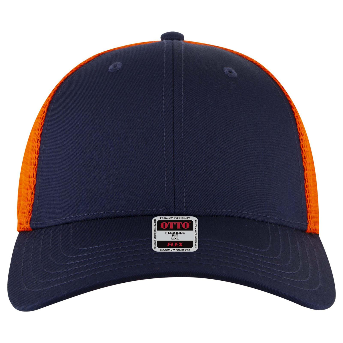 Front View of 040462 - Nvy/Nvy/Org OTTO CAP "OTTO FLEX" Fitted 6 Panel Low Profile Mesh Back Trucker Hat