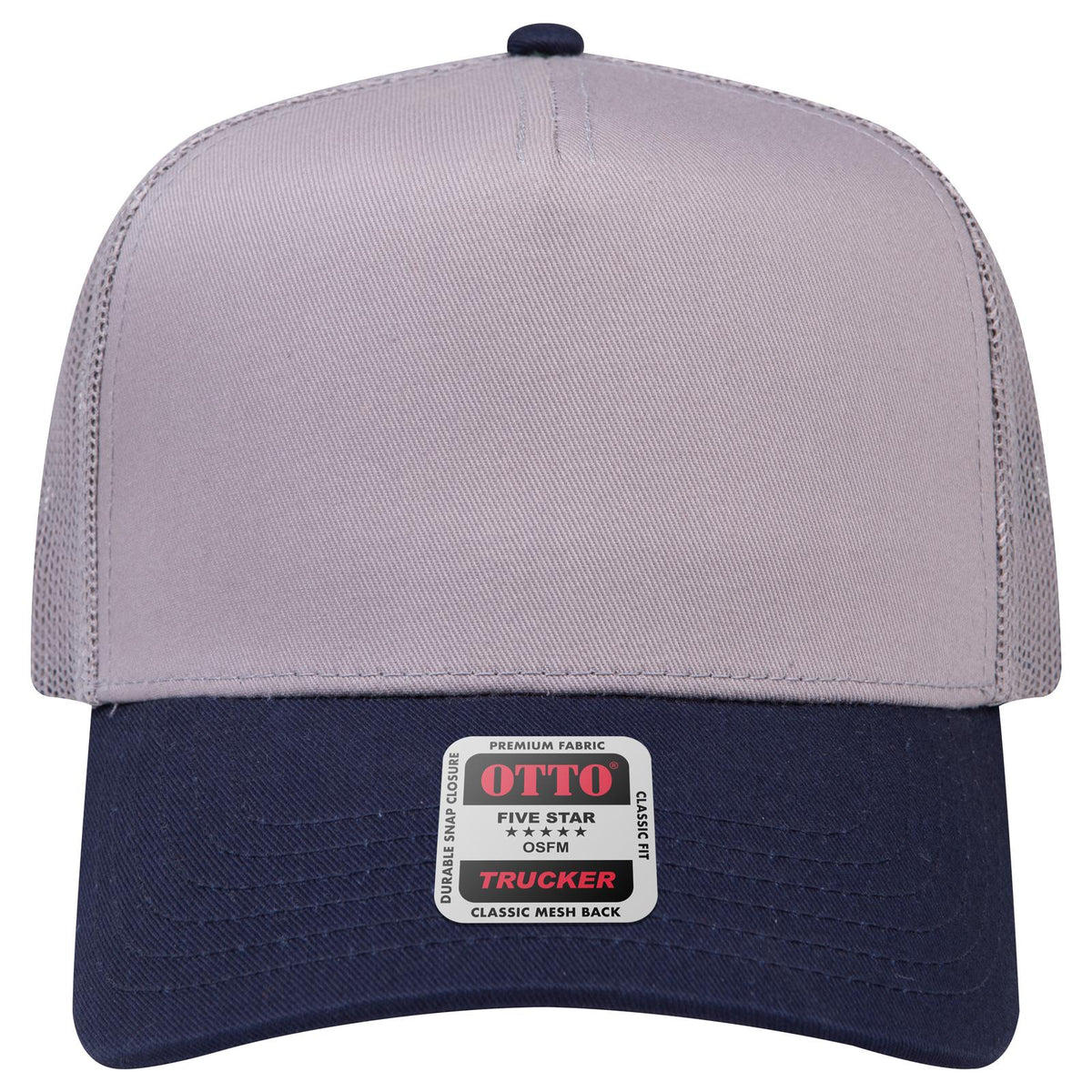 Front View of 0414 - Nvy/Gry OTTO CAP 5 Panel Mid Profile Mesh Back Trucker Hat