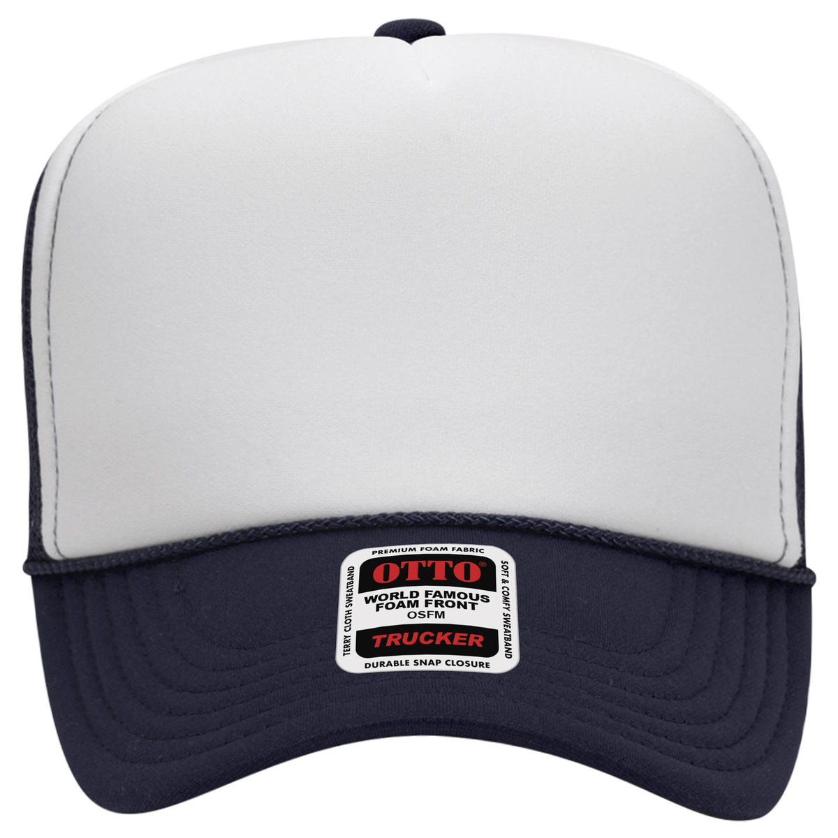 Front View of 041604 - Nvy/Wht/Nvy OTTO CAP 5 Panel High Crown Mesh Back Trucker Hat