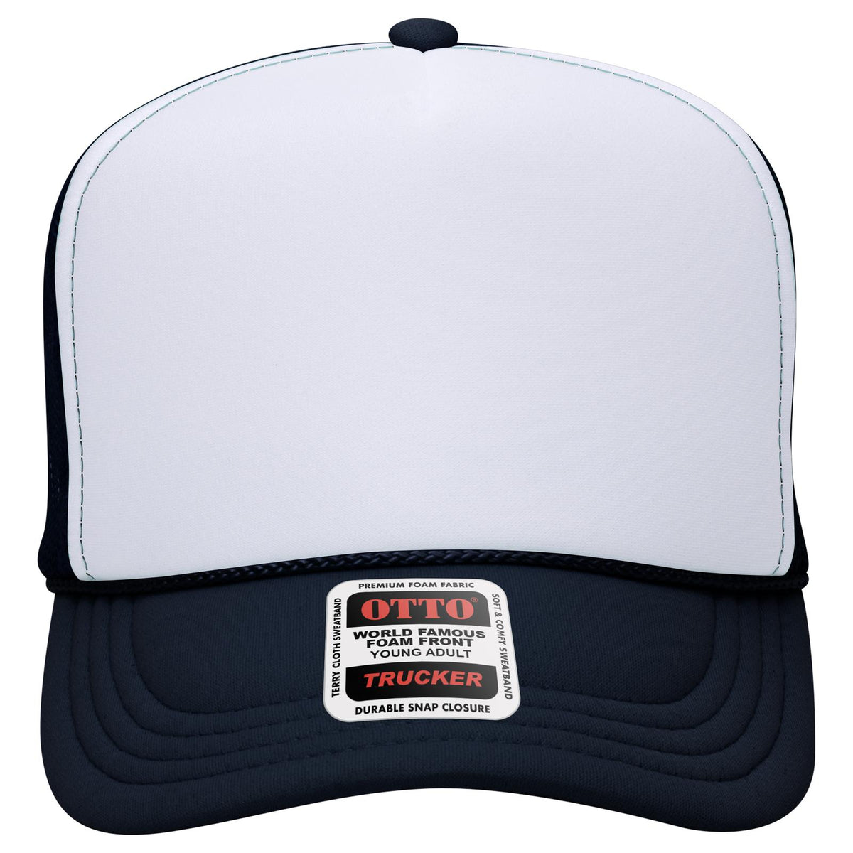 Front View of 041604 - Nvy/Wht/Nvy OTTO CAP 5 Panel High Crown Mesh Back Trucker Hat