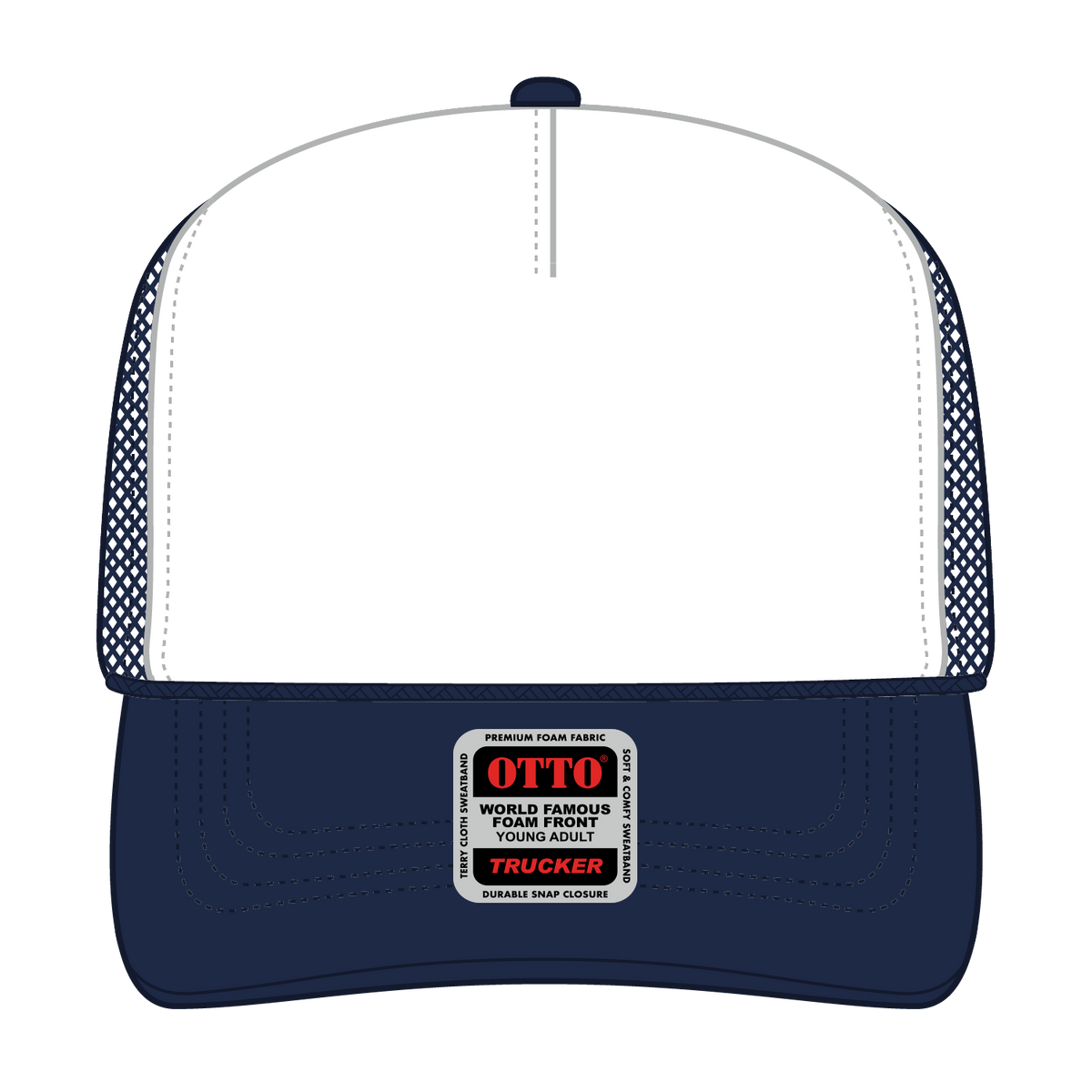 Front View of 041604 - Nvy/Wht/Nvy OTTO CAP 5 Panel High Crown Mesh Back Trucker Hat