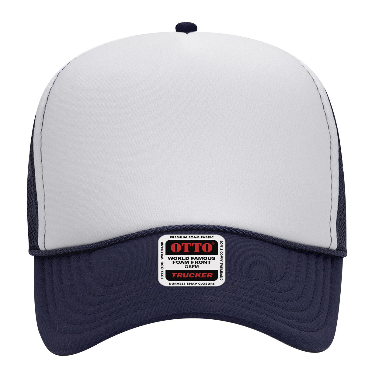 Front View of 041604 - Nvy/Wht/Nvy OTTO CAP 5 Panel Mid Profile Mesh Back Trucker Hat