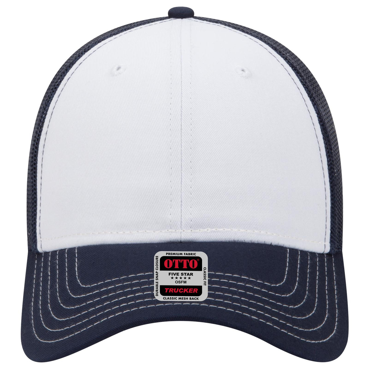 Front View of 041604 - Nvy/Wht/Nvy OTTO CAP 6 Panel Low Profile Mesh Back Trucker Hat
