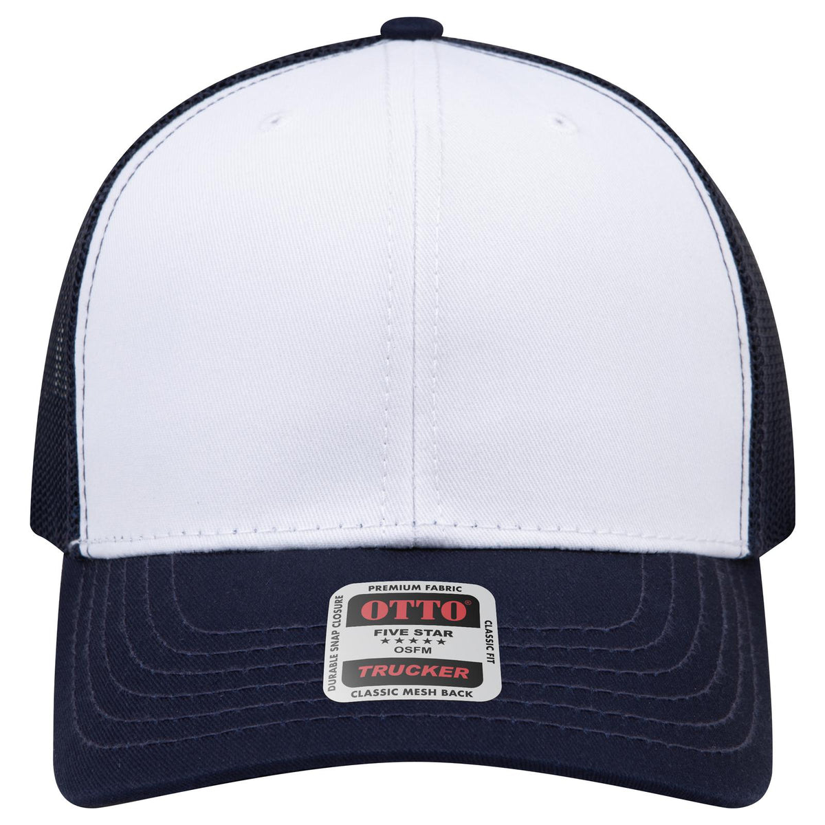 Front View of 041604 - Nvy/Wht/Nvy OTTO CAP 6 Panel Mid Profile Mesh Back Trucker Hat