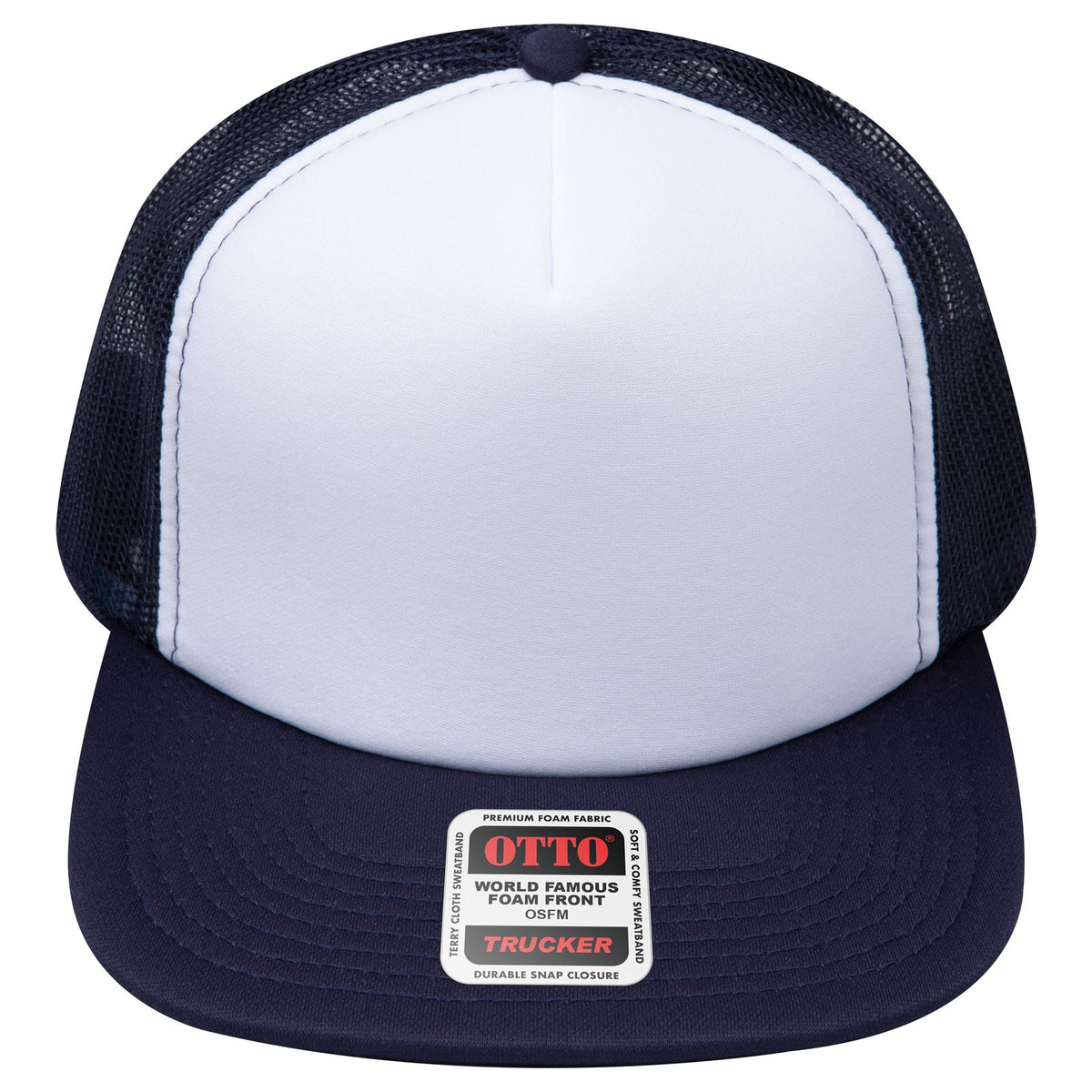 Front View of 041604 - Nvy/Wht/Nvy OTTO CAP "OTTO SNAP" 5 Panel High Crown Mesh Back Trucker Snapback Hat