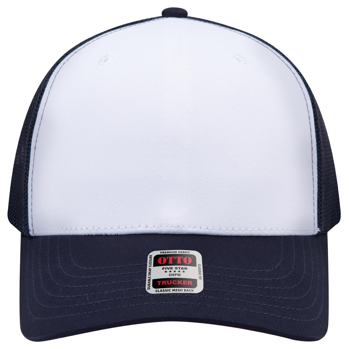 Front View of 041604 - Nvy/Wht/Nvy OTTO CAP Seamless 6 Panel Mid Profile Mesh Back Trucker Hat