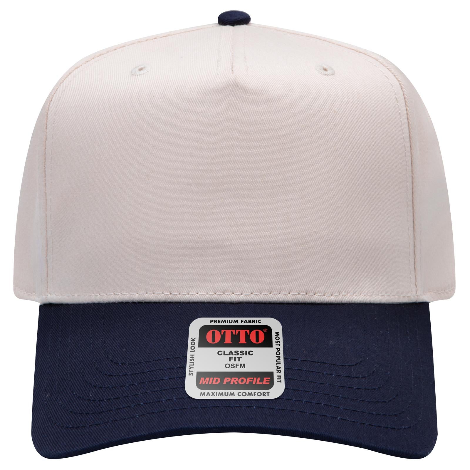 Front View of 0431 - Nvy/Natrl OTTO CAP 5 Panel Mid Profile Baseball Cap