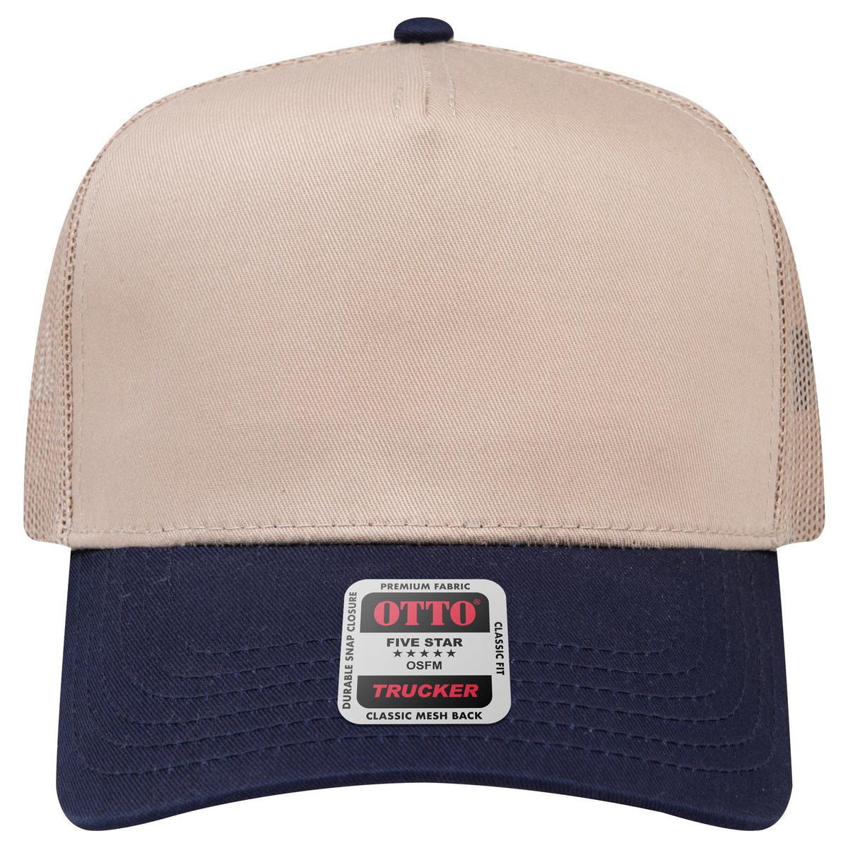 Front View of 0432 - Nvy/Kha OTTO CAP 5 Panel Mid Profile Mesh Back Trucker Hat