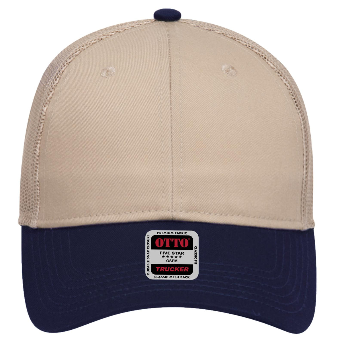 Front View of 0432 - Nvy/Kha OTTO CAP 6 Panel Low Profile Mesh Back Trucker Hat