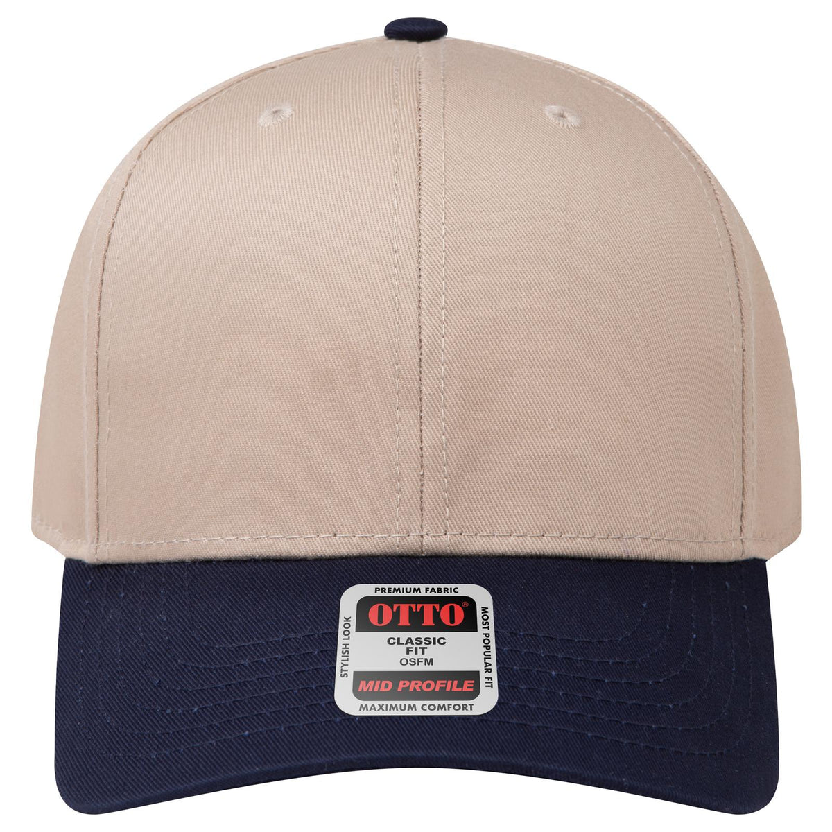 Front View of 0432 - Nvy/Kha OTTO CAP 6 Panel Mid Profile Baseball Cap