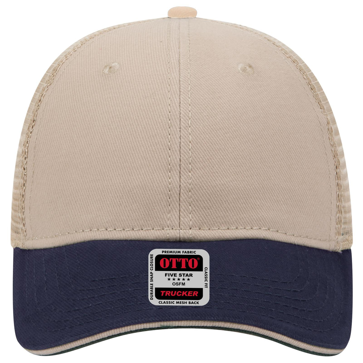 Front View of 043232 - Nvy/Kha/Kha OTTO CAP 6 Panel Low Profile Mesh Back Trucker Hat