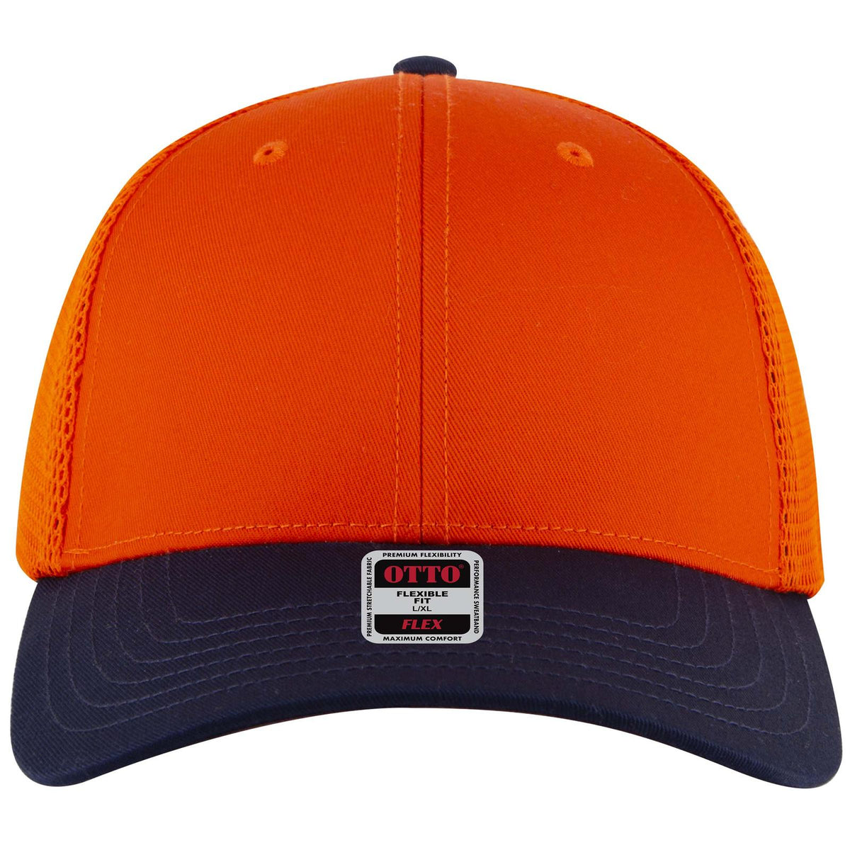 Front View of 046262 - Nvy/Org/Org OTTO CAP "OTTO FLEX" Fitted 6 Panel Low Profile Mesh Back Trucker Hat