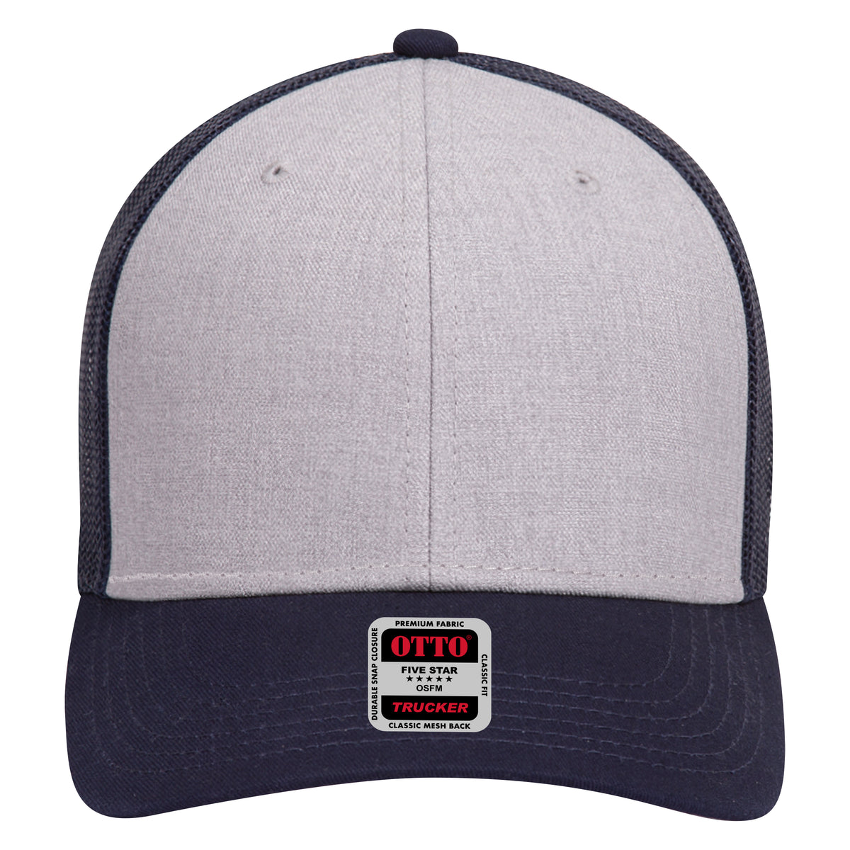 Front View of 047404 - Navy/HeatherGray/Navy OTTO CAP 6 Panel Low Profile Mesh Back Trucker Hat