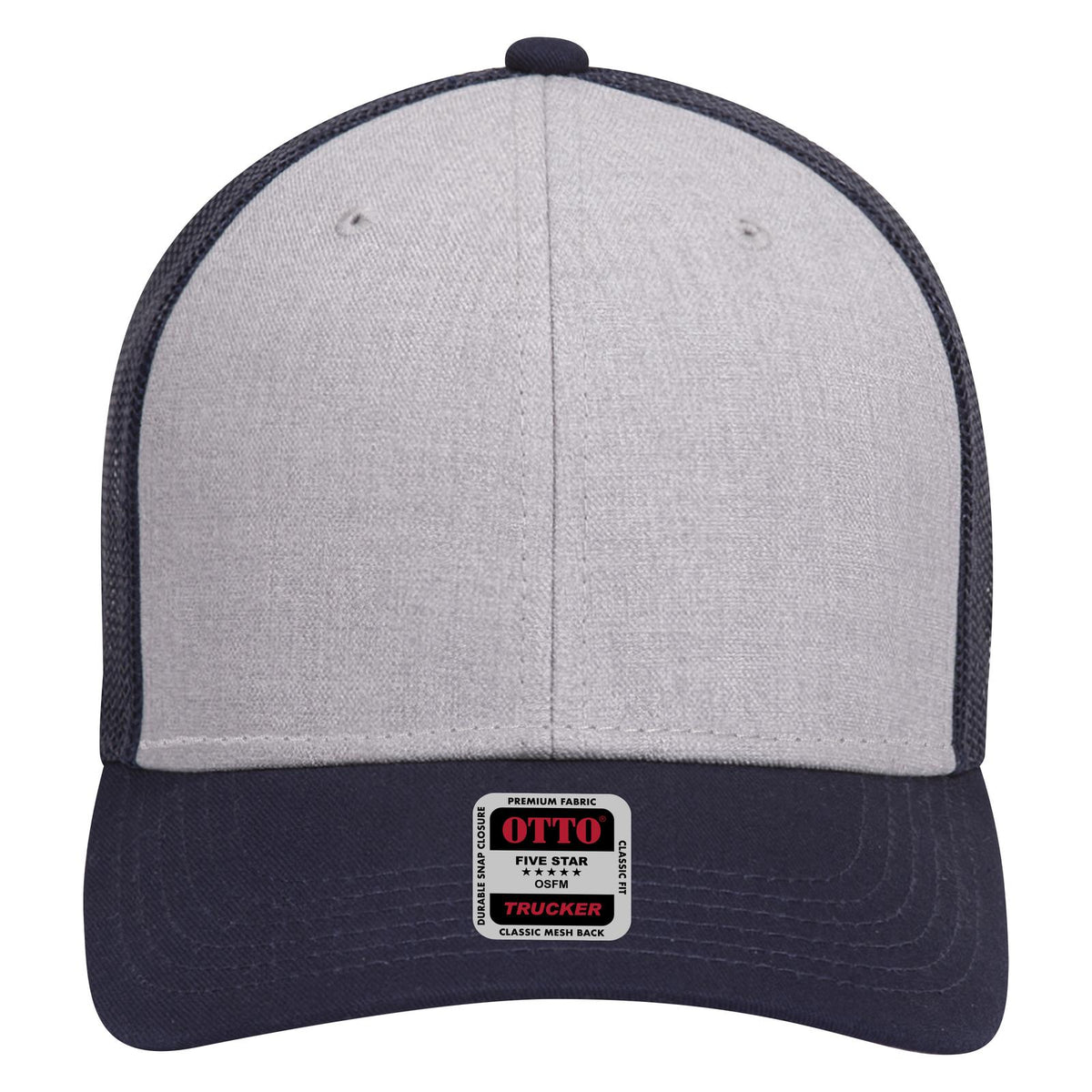 Front View of 047404 - Navy/HeatherGray/Navy OTTO CAP 6 Panel Low Profile Mesh Back Trucker Hat