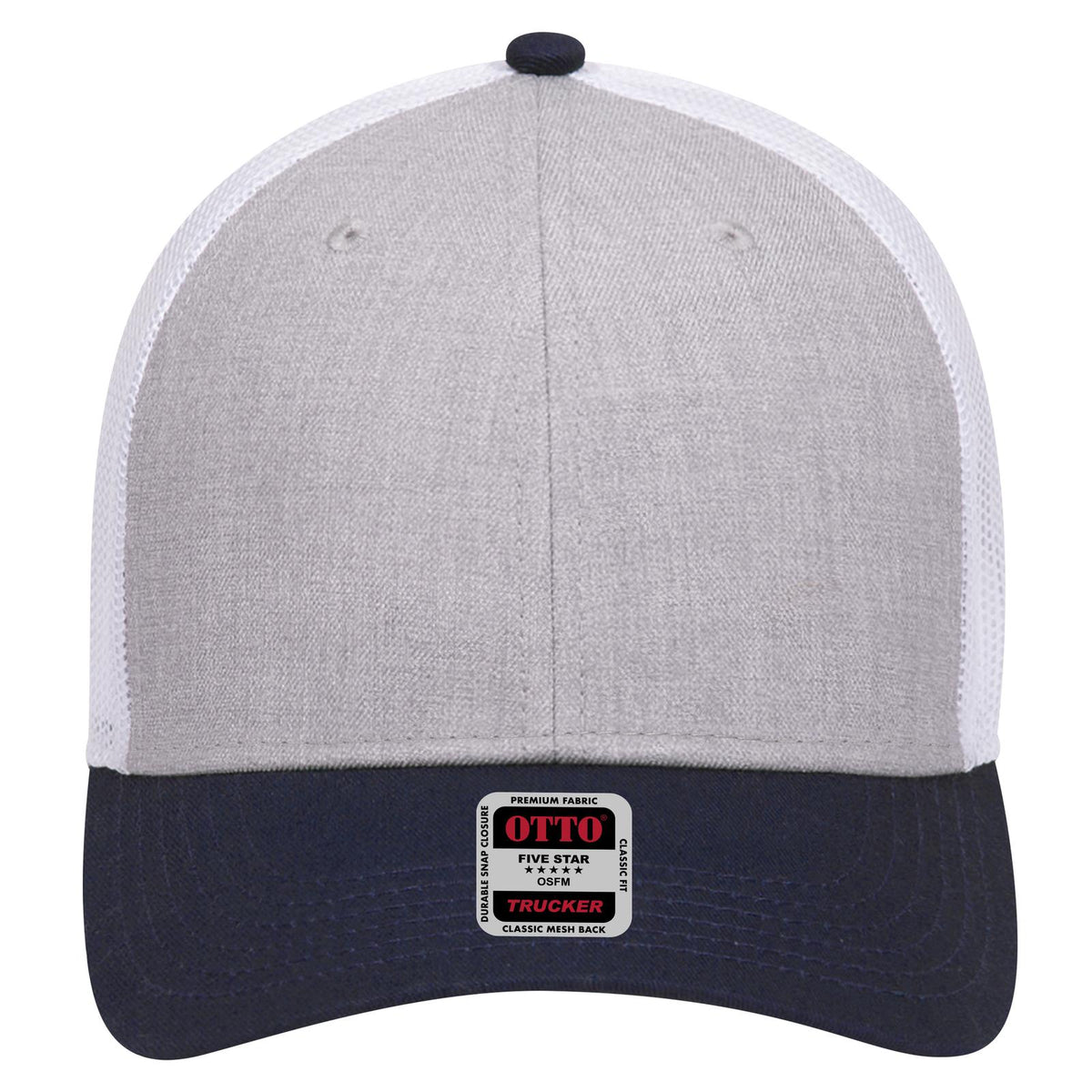 Front View of 047416 - Navy/HeatherGray/White OTTO CAP 6 Panel Low Profile Mesh Back Trucker Hat