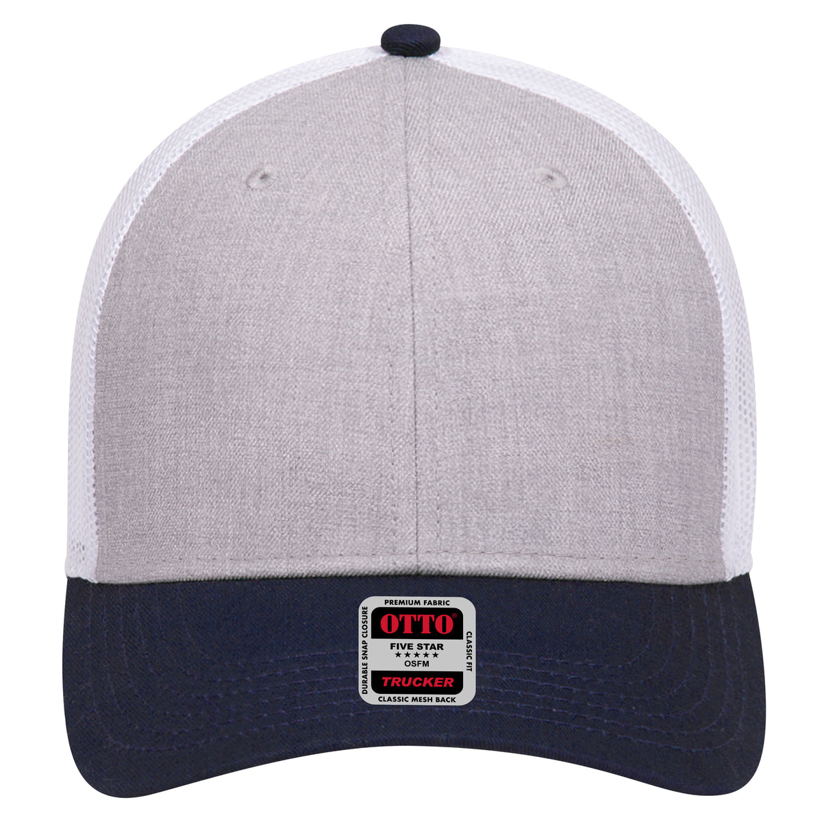 Front View of 047416 - Navy/HeatherGray/White OTTO CAP 6 Panel Low Profile Mesh Back Trucker Hat