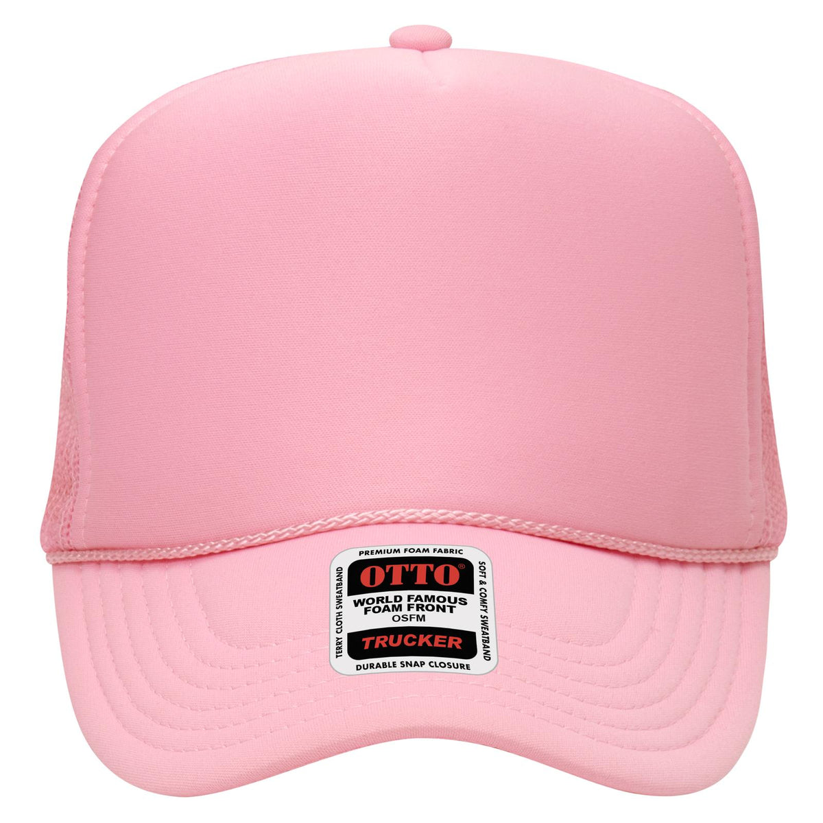 Front View of 050 - Pink OTTO CAP 5 Panel High Crown Mesh Back Trucker Hat