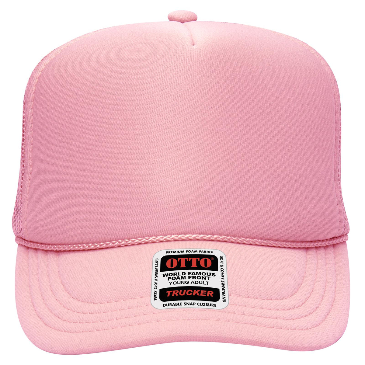 Front View of 050 - Pink OTTO CAP 5 Panel High Crown Mesh Back Trucker Hat