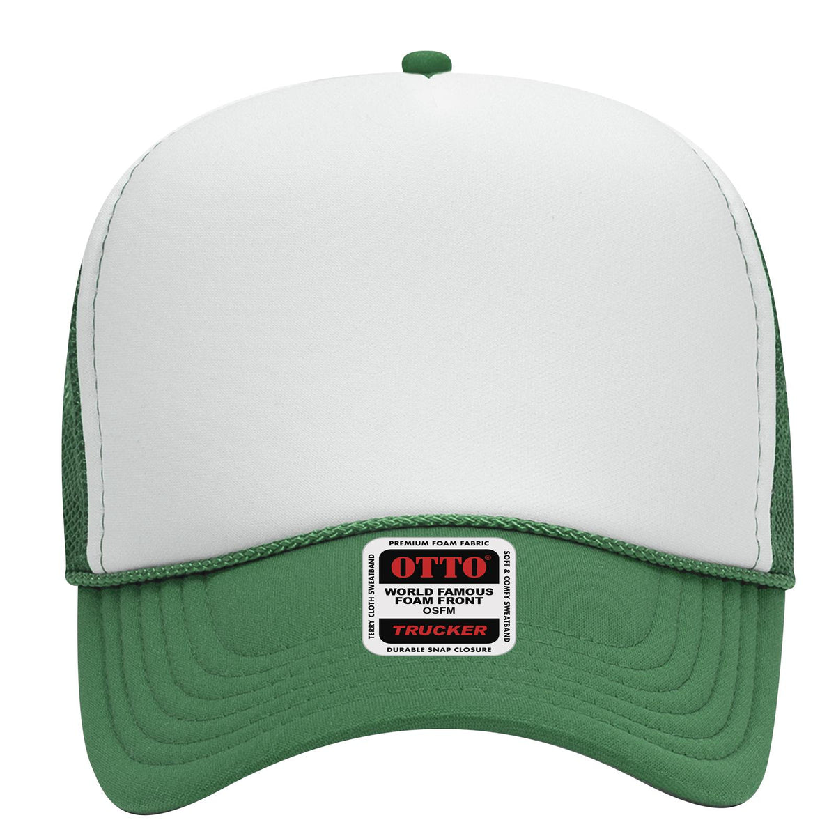 Front View of 051605 - Kly/Wht/Kly OTTO CAP 5 Panel Mid Profile Mesh Back Trucker Hat