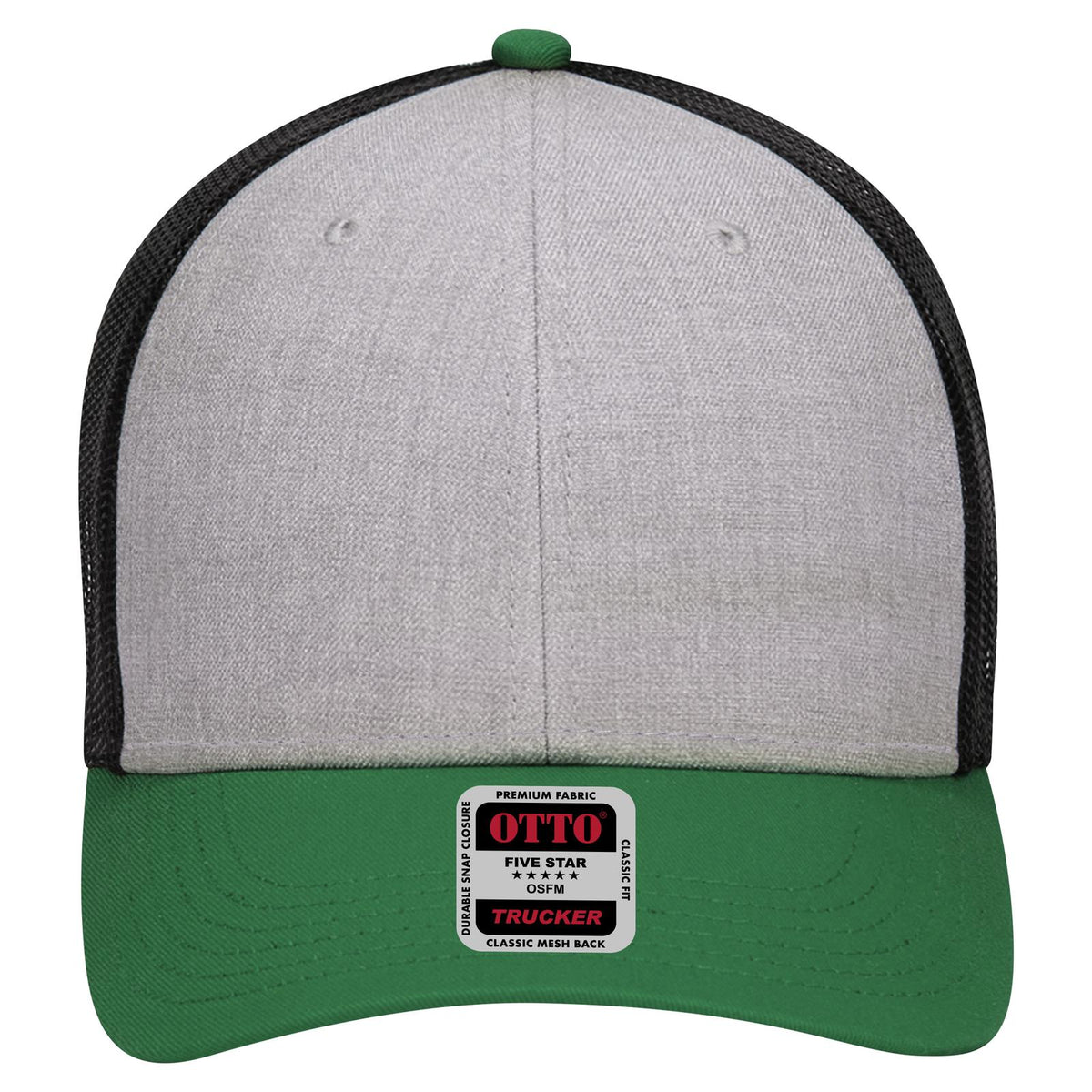 Front View of 057403 - Kelly/HeatherGray/Black OTTO CAP 6 Panel Low Profile Mesh Back Trucker Hat