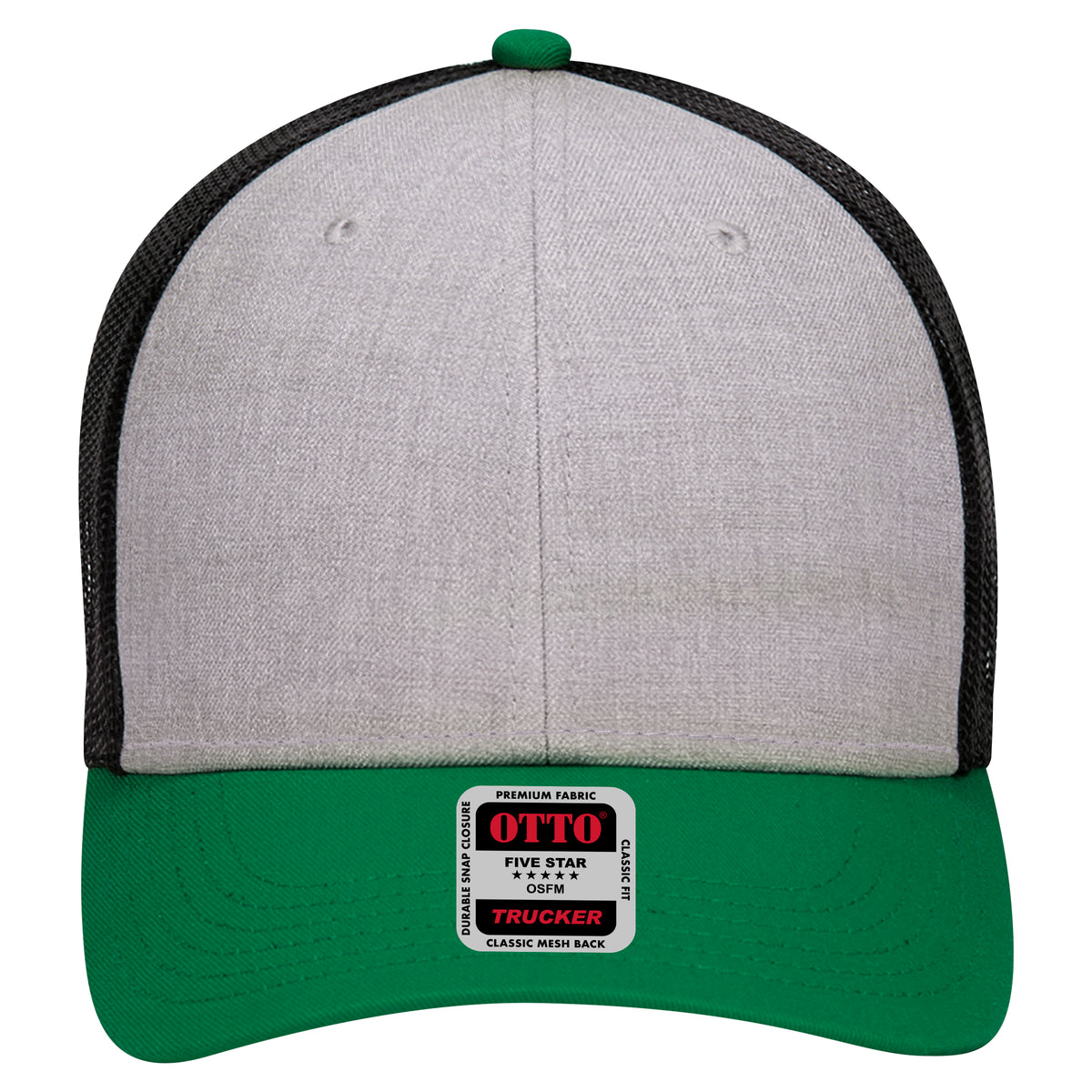 Front View of 057403 - Kelly/HeatherGray/Black OTTO CAP 6 Panel Low Profile Mesh Back Trucker Hat