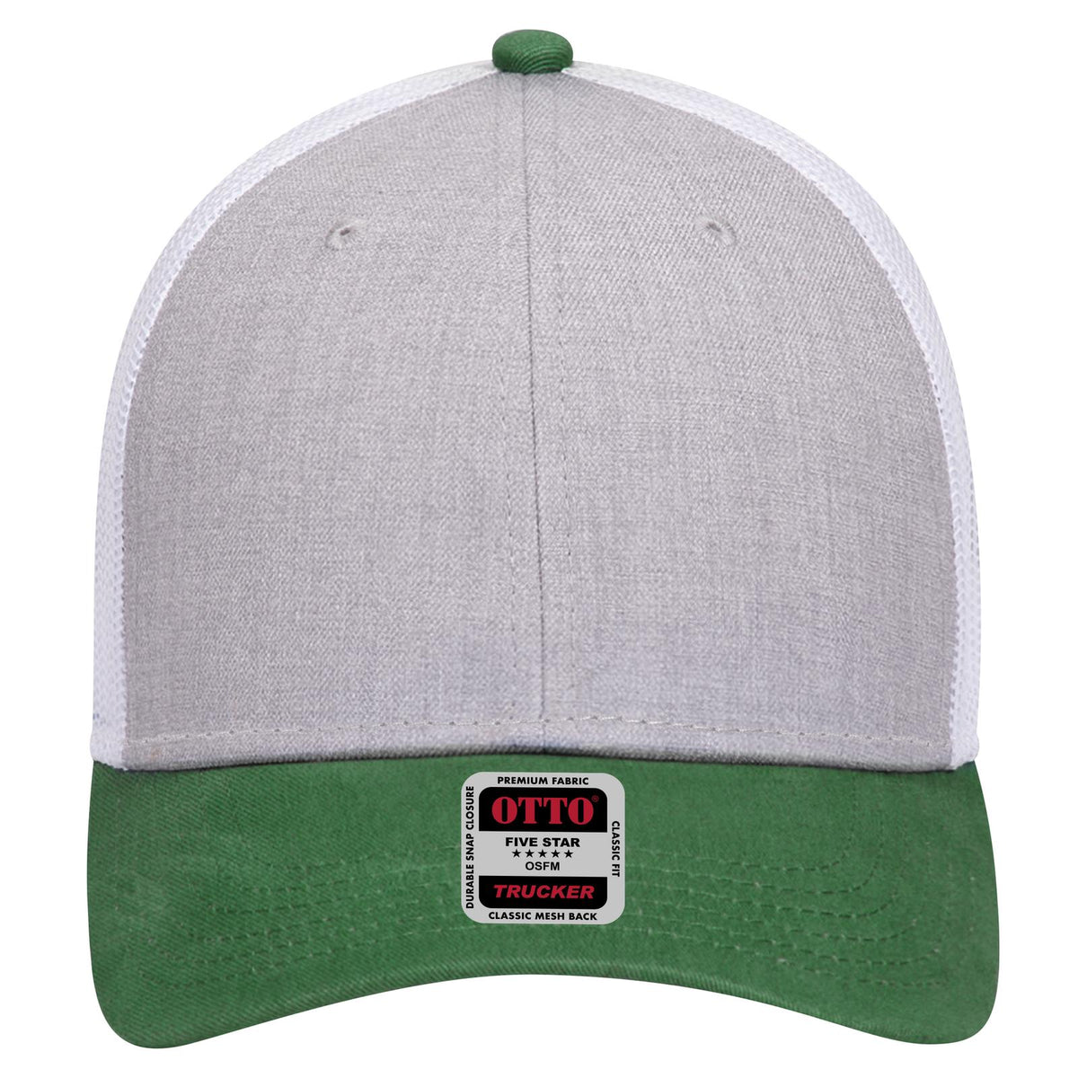 Front View of 057416 - Kelly/HeatherGray/White OTTO CAP 6 Panel Low Profile Mesh Back Trucker Hat