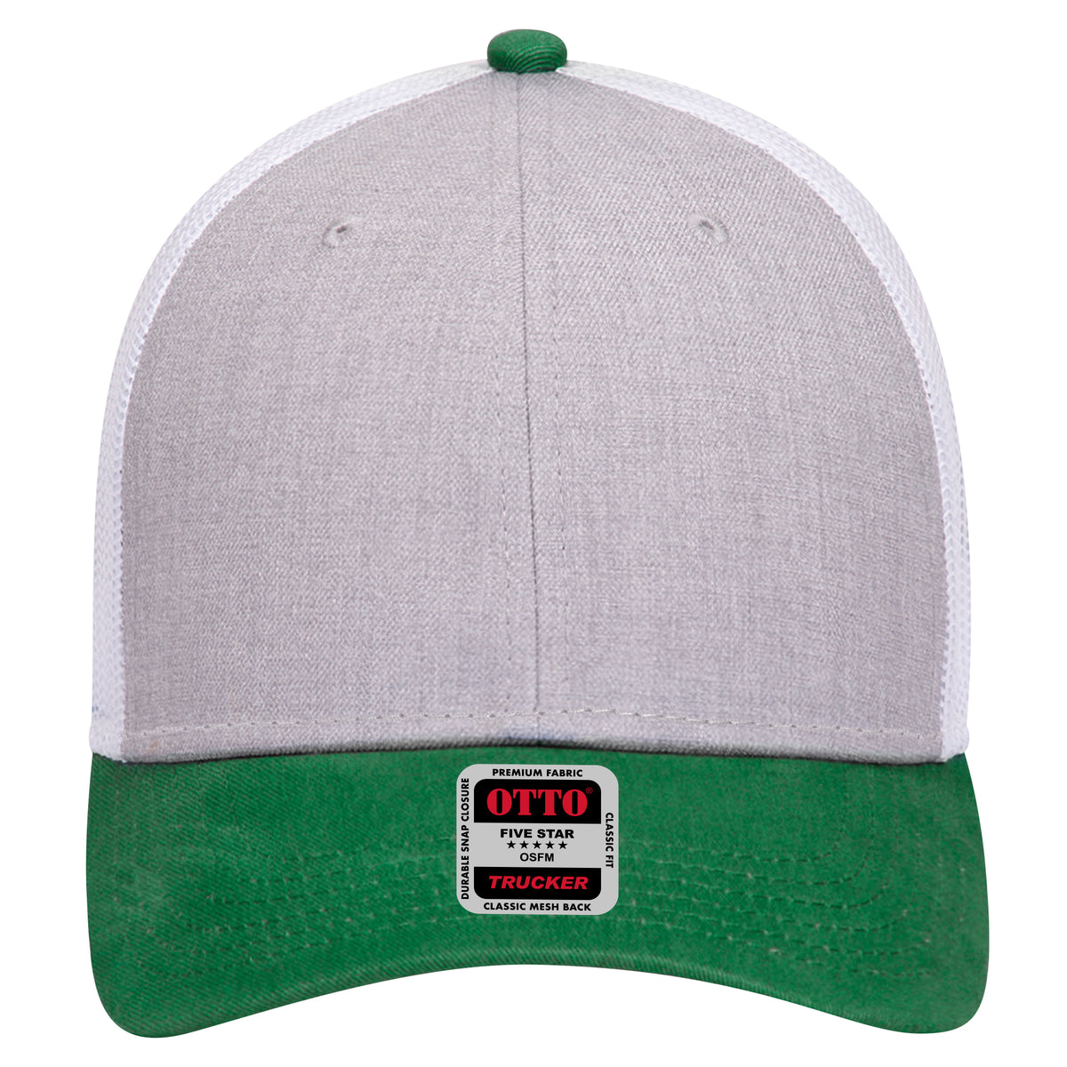 Front View of 057416 - Kelly/HeatherGray/White OTTO CAP 6 Panel Low Profile Mesh Back Trucker Hat
